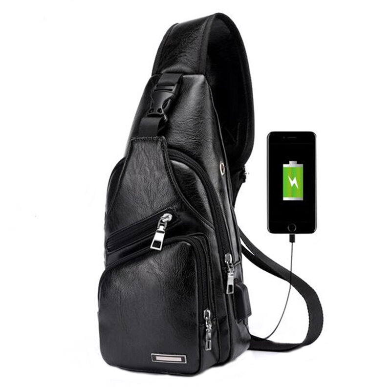 Men's Anti Theft Crossbody Bag USB PU Charging Shoulder Bag Camping Chest Waist Pack