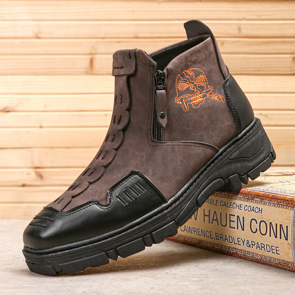 Men Leather Breathable Soft Sole Halloween Skull Pattern Zipper Casual Martin Ankle Boots