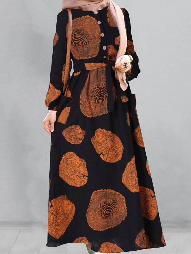 Dames katoenen boomring print kaftan zijzakken maxi-jurk met riem