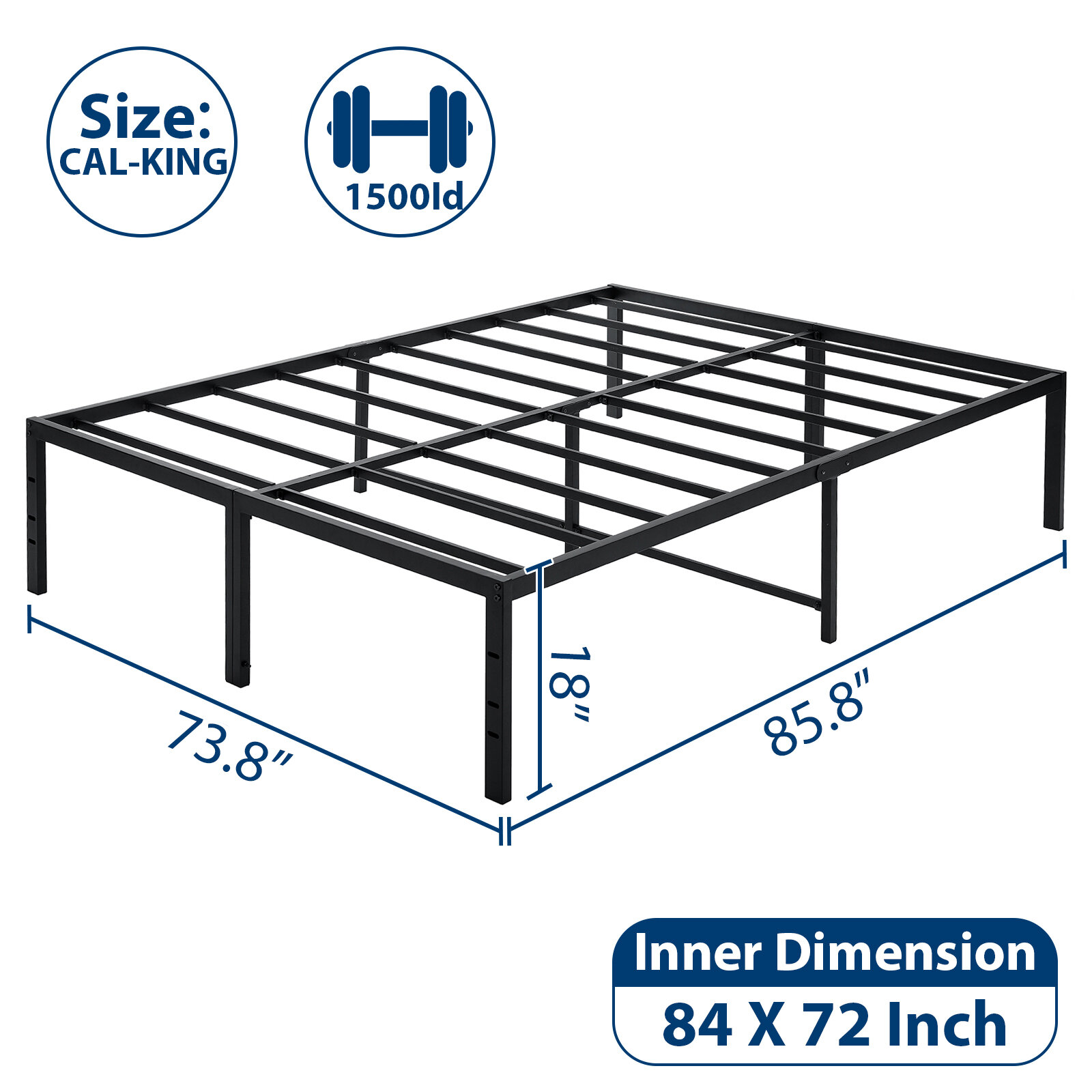 

18 Inch California-KING Size Heavy-Duty Steel Bed Frame with Easy Assembly, Headboard Customizable Floor-Protective Pads