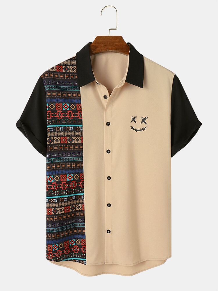 Heren Colorful Geometrische & Smile Face Print Patchwork Shirts met korte mouwen
