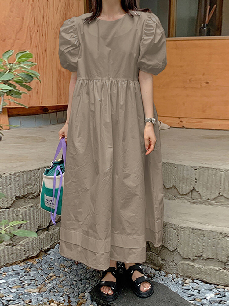 Puff Sleeve Pleated Solid Color High Waist O-Neck Loose Maxi Dress For...