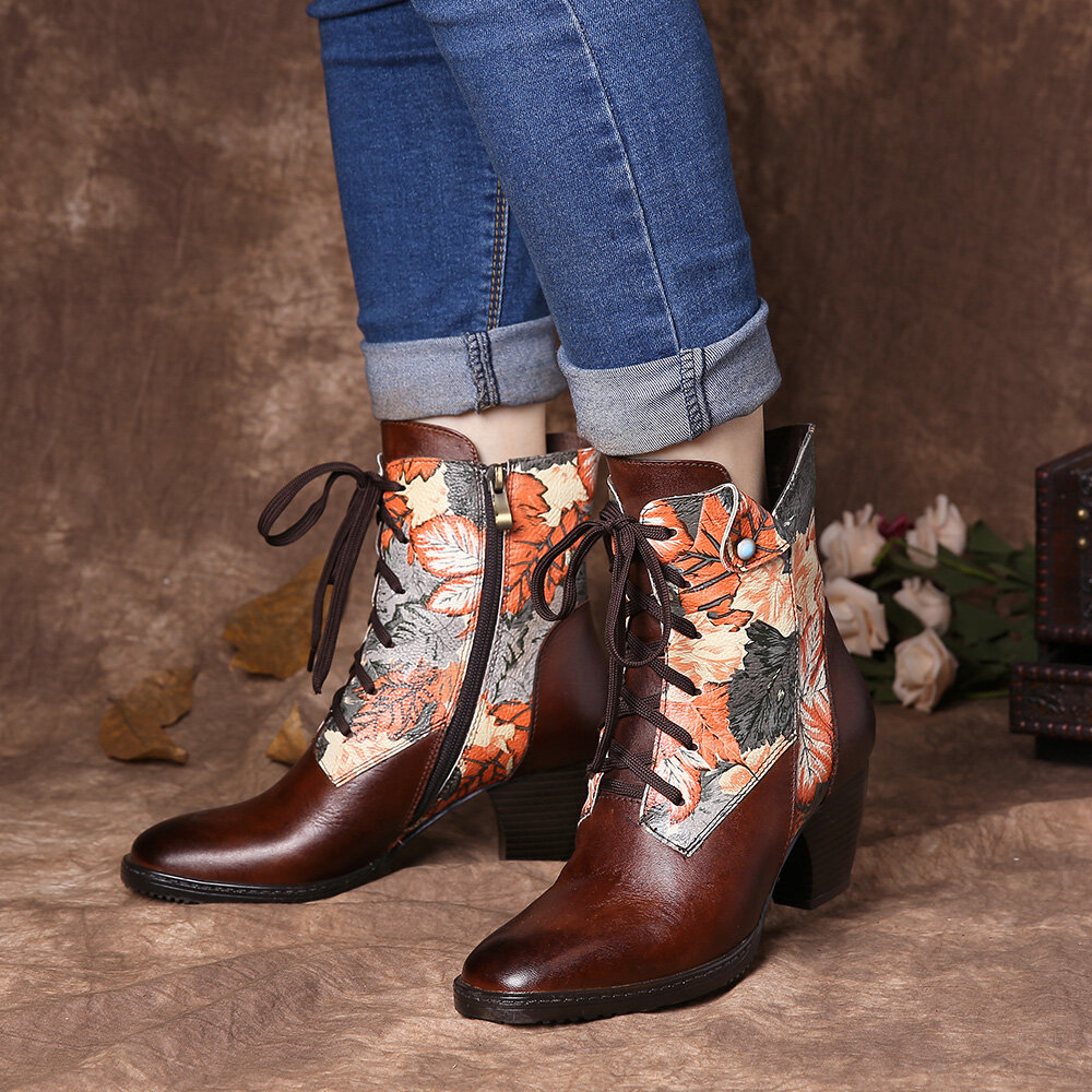 

SOCOFY Ретро Принт Цветы Шаблон Строчка на шнуровке Молния Высокий каблук Combat Ботинки