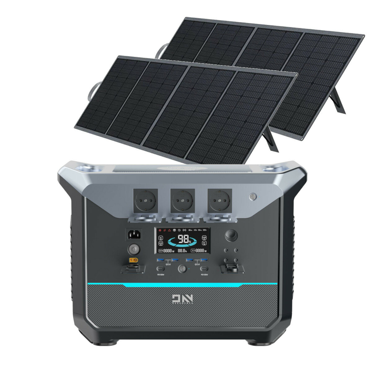[EU Direct] DaranEner NEO2000 2000W 2073.6Wh LiFePO4 Battery Portable Power Station with 2Pc SP200 200W ETFE Solar Panel, UPS Power Supply AC Sockets with 1.8 Hours Fast Charging Solar Powered Generator for Home Outdoors Camping Travel RV