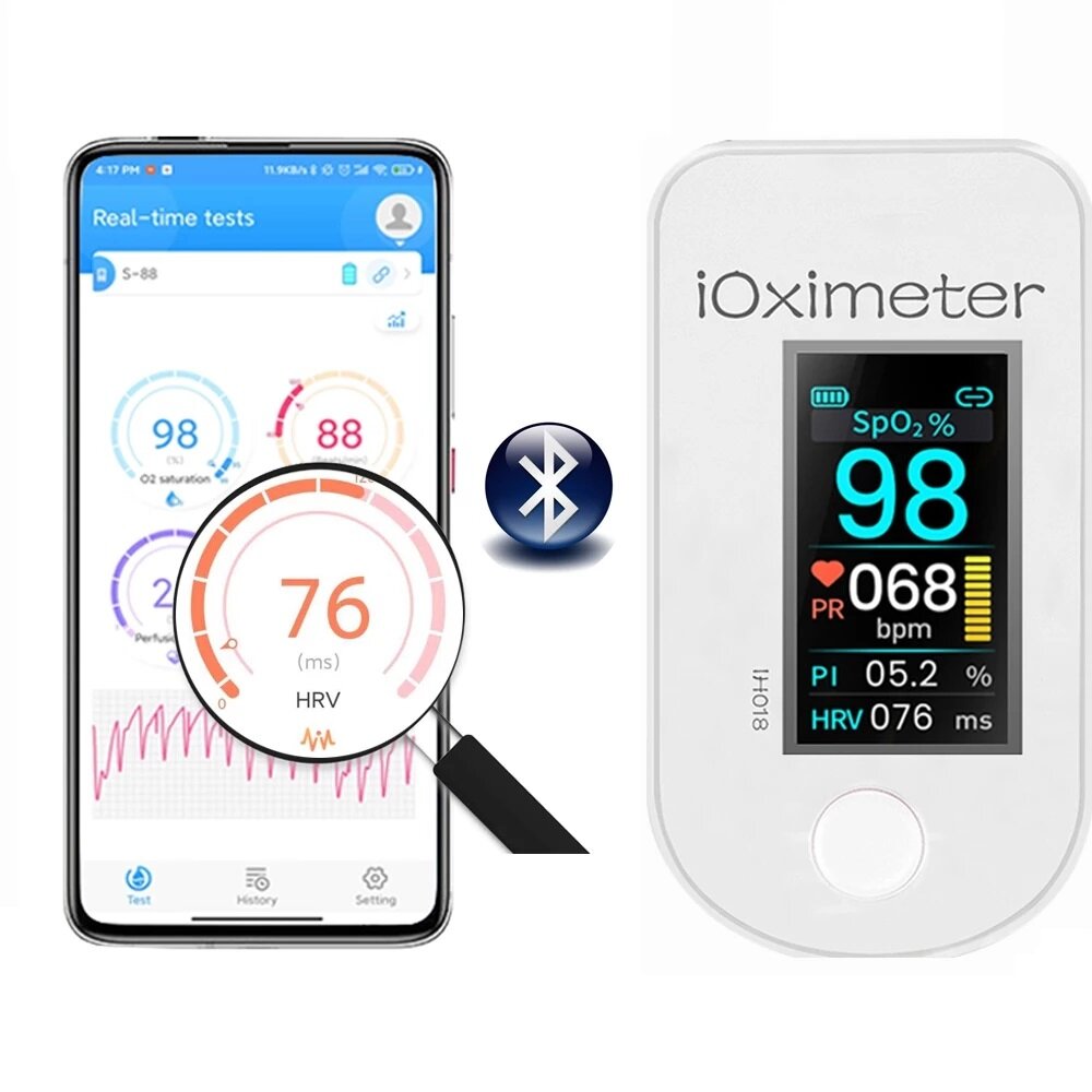

Boxym AH018 Smart bluetooth HRV Finger Pulse Oximeter Blood Oxygen Heart Rate Saturation Meter Record IPS Oximetro De De