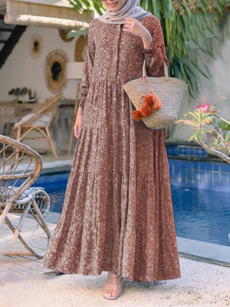 Dames bloemenprint O-hals Casual vakantie Boheemse gelaagde maxi-jurk met lange mouwen