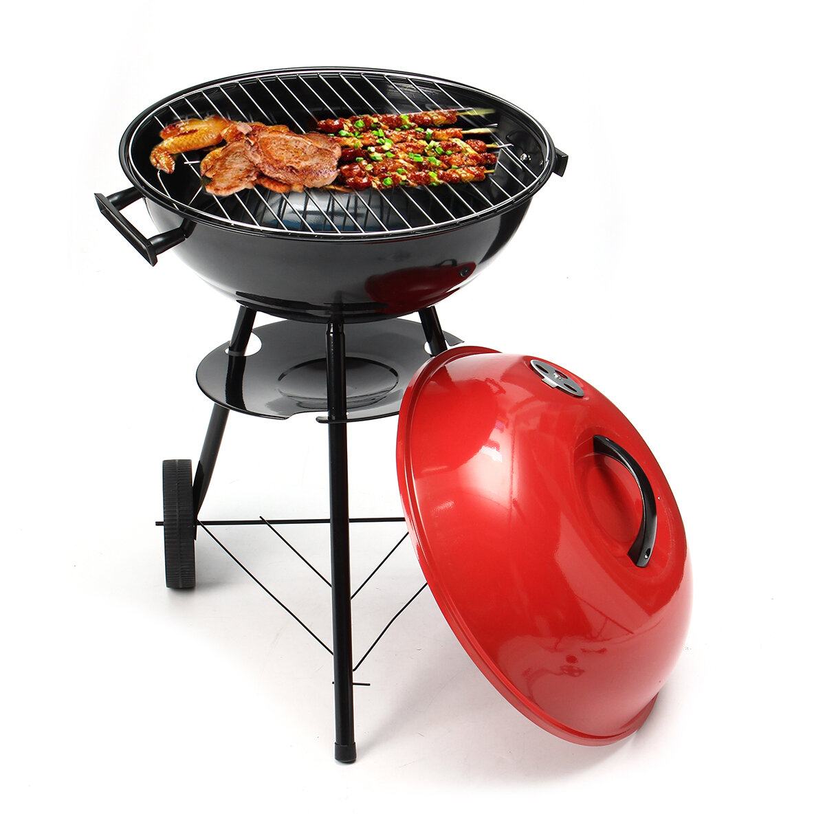 portable red kettle trolley bbq grill charcoal barbecue wood ...