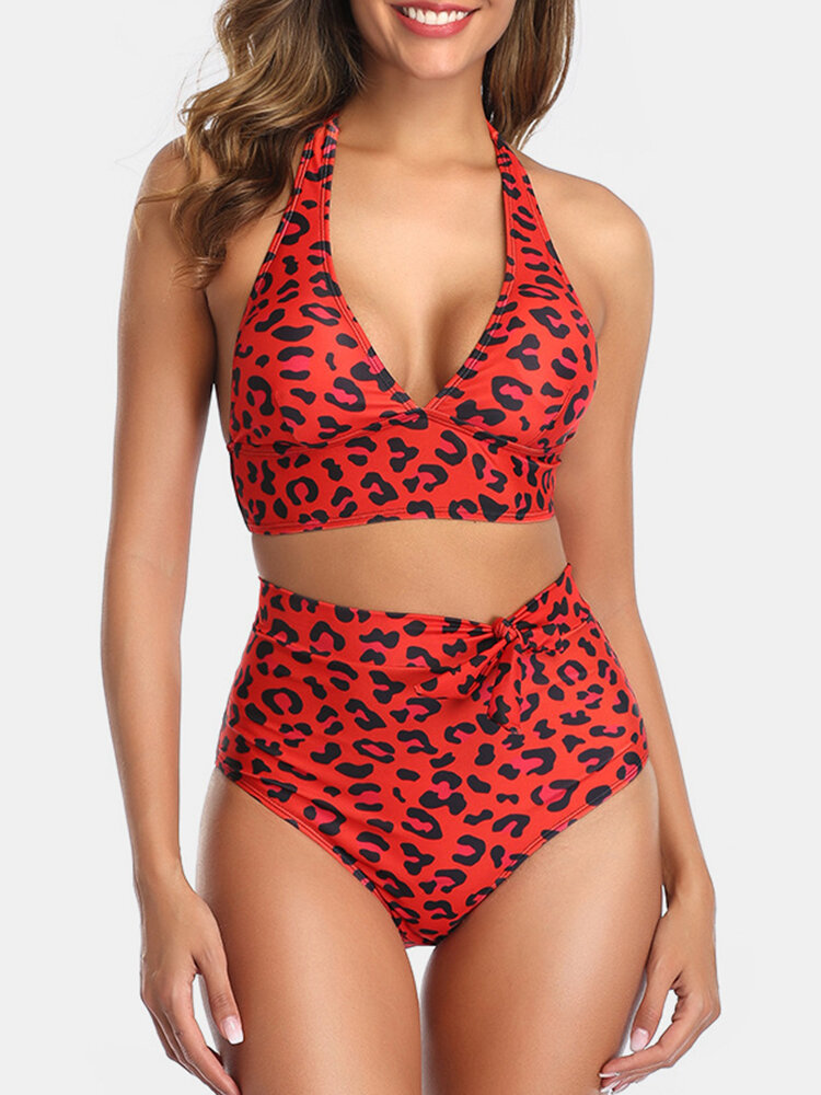 Vrouwen Leopard Triangle Halter String Backless Hot Swimwear Bikini