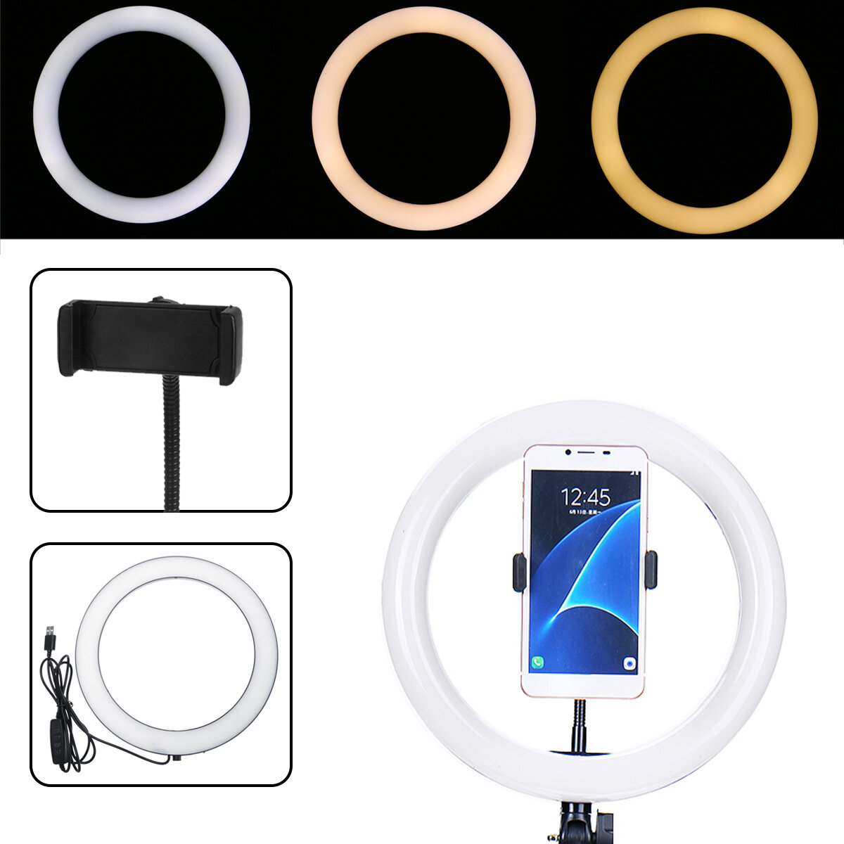 26cm Portable Stepless Adjustable LED Ring Full Light Makeup Mirror Light Photography Lighting Selfie Ring Lamp with Pho