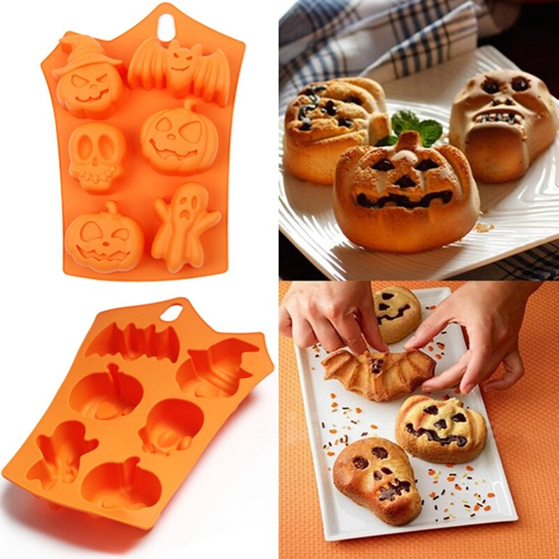 

6 Grids Pumpkin Bat Skull Ghost Shape Silicone Mold Candy Chocolate Mold for Halloween Party Decoration