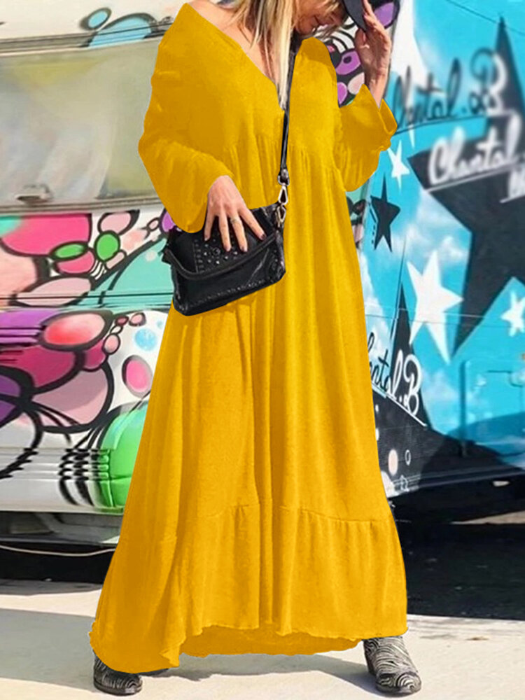 Effen kleur V-hals lange mouwen plooien vakantie Streetwear casual maxi-jurk