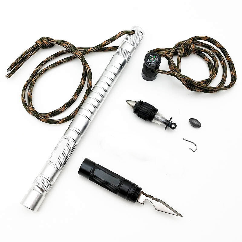 IPRee® 7 In 1 Outdoor EDC Fire Stick Survival Whistle Comapss Tournevis Ligne de Pêche Sécurité Hammer Kit Outils Multifonctionnels Camping Emergency