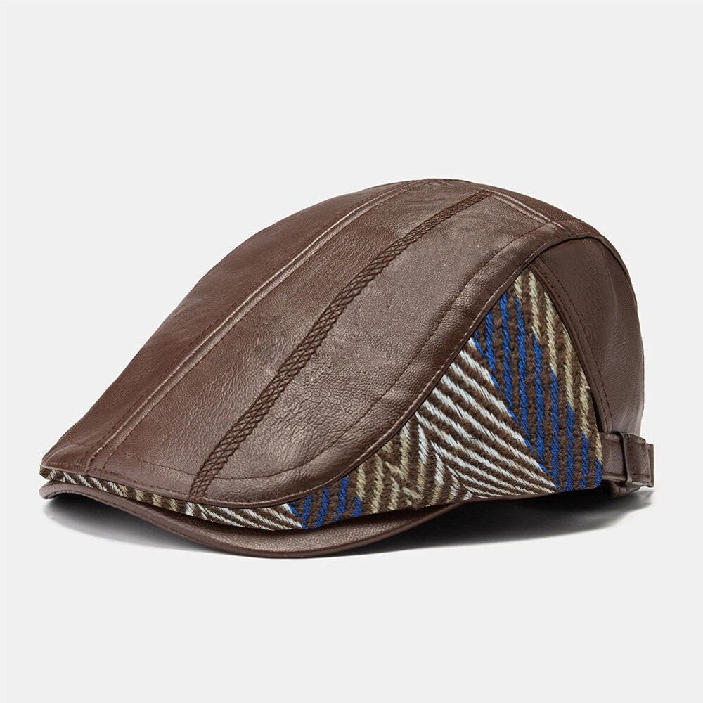

Men PU Leather Autumn Warm Beret Cap Retro Color Stripe Knit Stitching Patch Flat Hat Forward Cap Peaked Cap