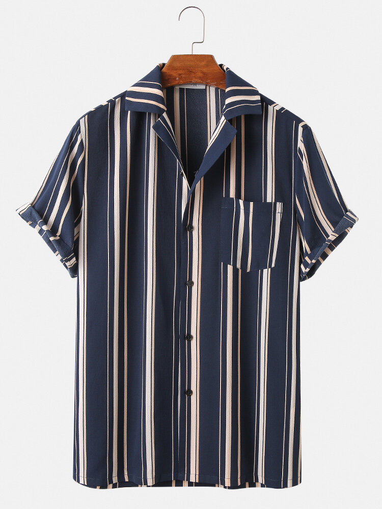 

Mens Vertical Stripes Short Sleeve Hawaii Holiday Shirts With Pocket