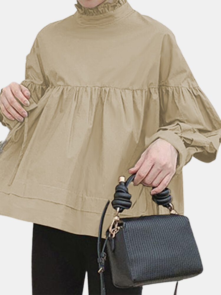 Women Vintage Solid Color Cotton Back Lace-Up Ruffle Collar Peasant Blouse