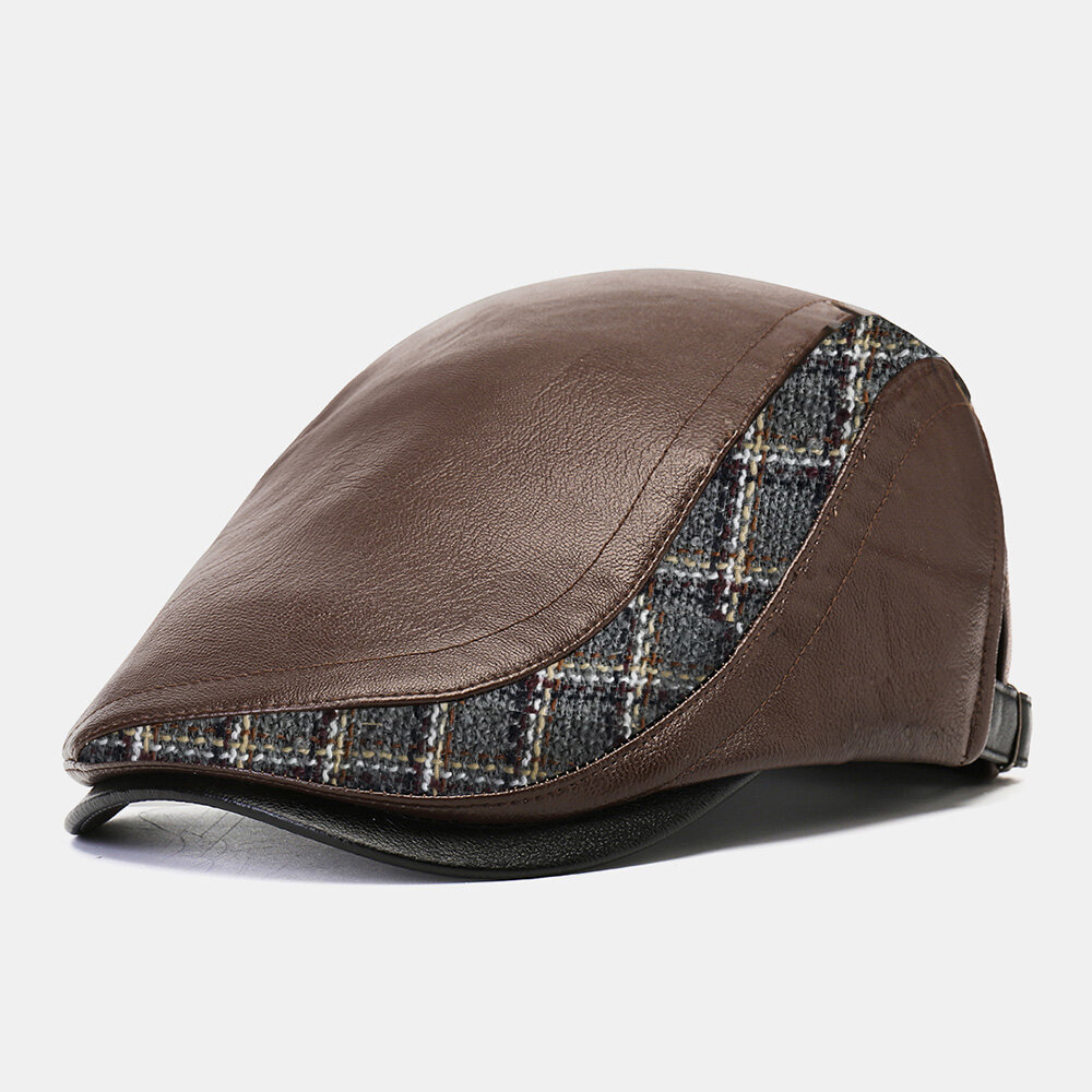 

Men Plaid Pattern Knit Stitching Forward Cap Outdoor Casual Windproof Warm Berets Flat Hat