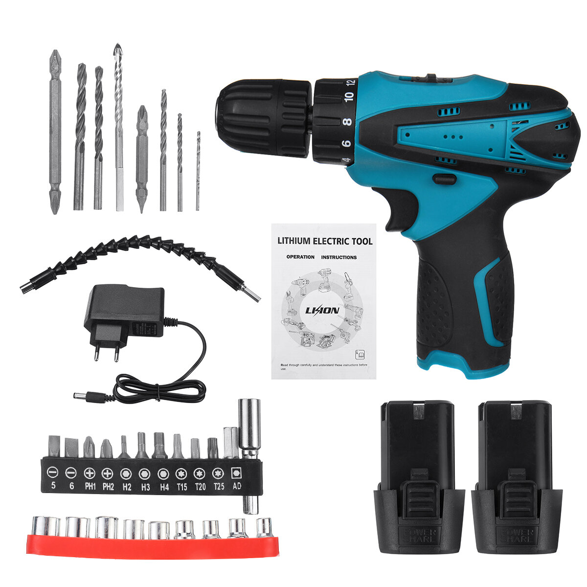 12V Cordless Electric Drill Screwdriver 2 Speeds Impact Drill Driver Set W/ 1/2 Battery & Plastic Bo