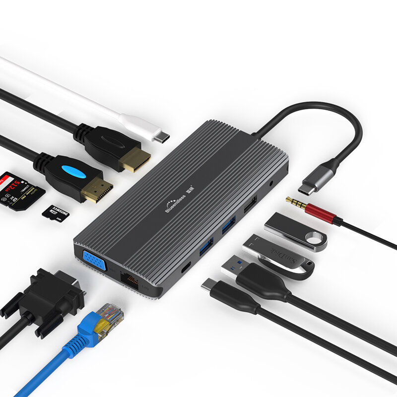 

Blueendless 12-in-1 Triple Display USB-C HUB Docking Station Adapter With 4K HDMI / 4K DP / 1080P VGA / 100W USB-C PD Po