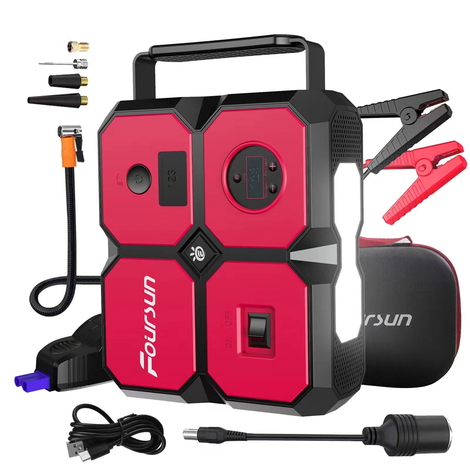 Foursun 26800Mah 4000A Portable Car Jump Starter with Air Compressor 25Bars Digital Tire Inflator with LED Light