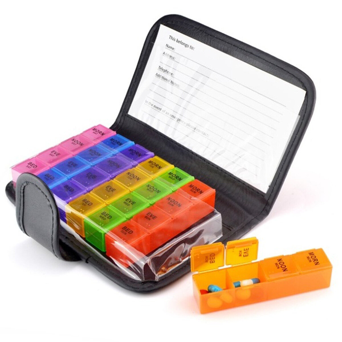 Napi gyógyszeres doboz szervező - heti utazási tároló tok hordozható Pocketbook PU bőr gyógyszeres doboz.