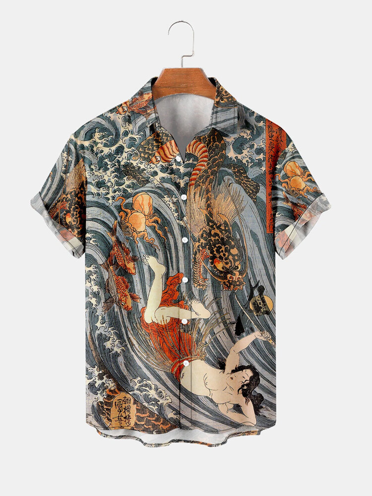 Mens Chinese Myth Print Lapel Collar Shirts
