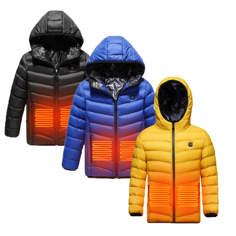 Children 3 Areas Heated Jacket USB Charging Infrared Electric Heating Hooded Coat 3 Modes Adjustable Washable Waistcoat Outdoor Camping Hiking