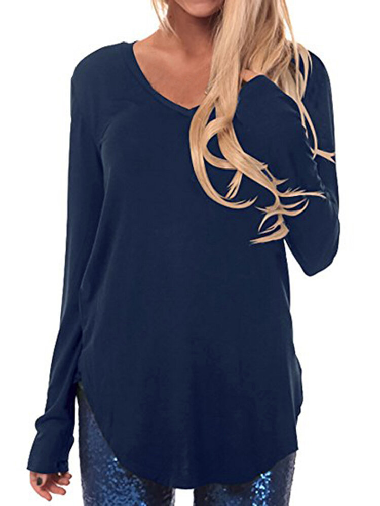 V-Neck Leisure Long Sleeve Loose Fit Solid Blouse