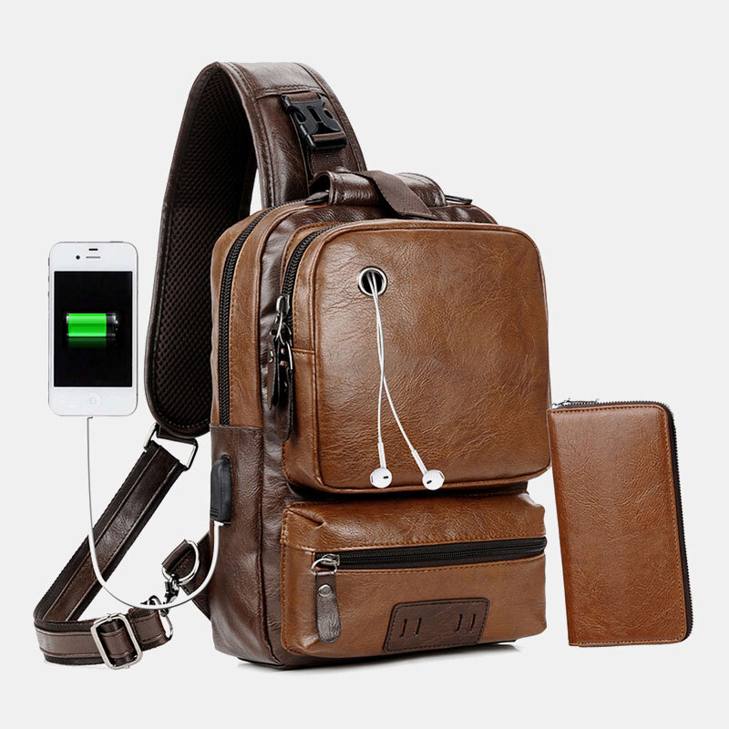 Men PU Leather Vintage Multifunction Earphone Hole USB Charging Crossbody Bag Chest Bag Sling Bag