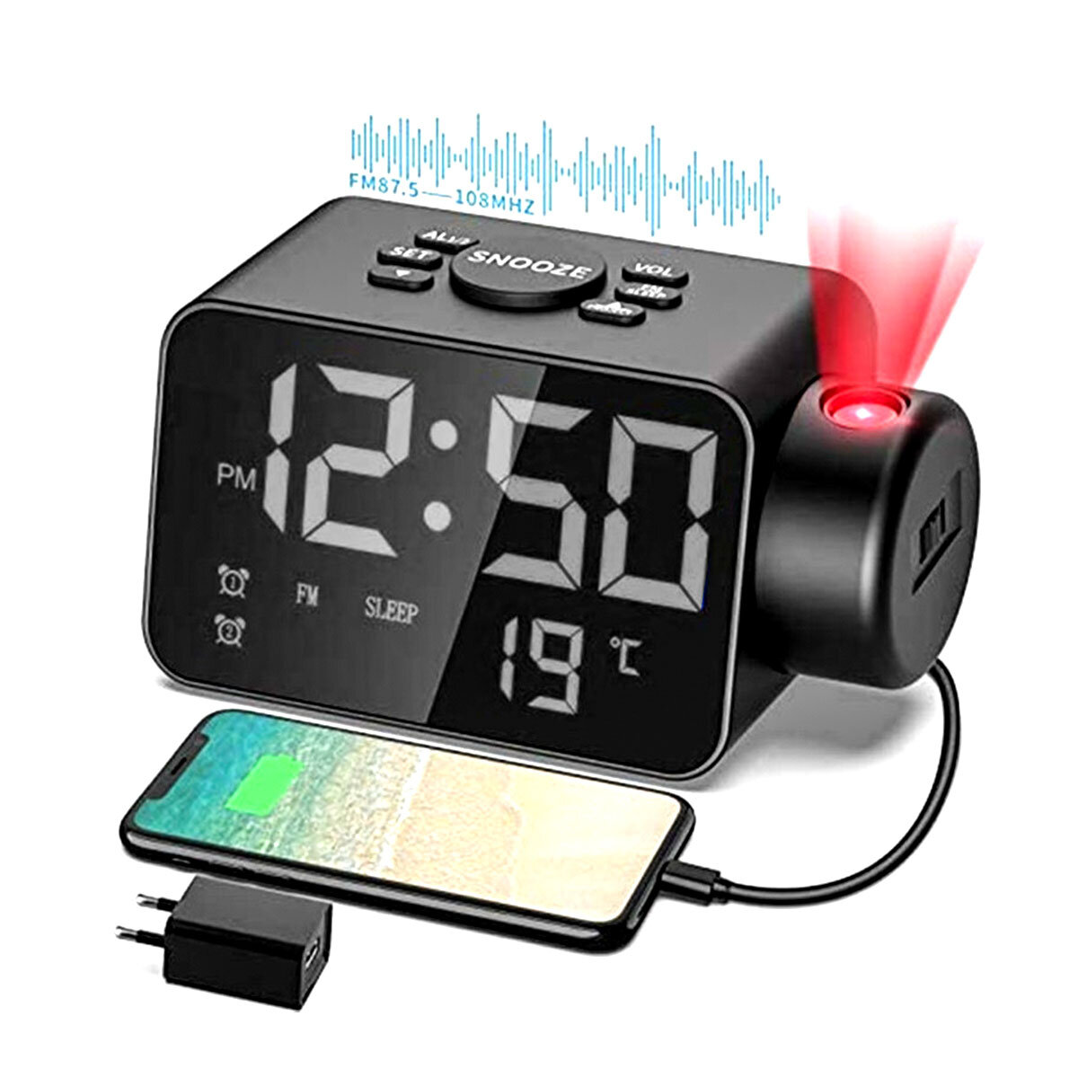 

LED Projection Alarm Clock USB Rechargeable FM Radio Snooze Mode Electronic Alarm Clock Time Temperature Display Clock