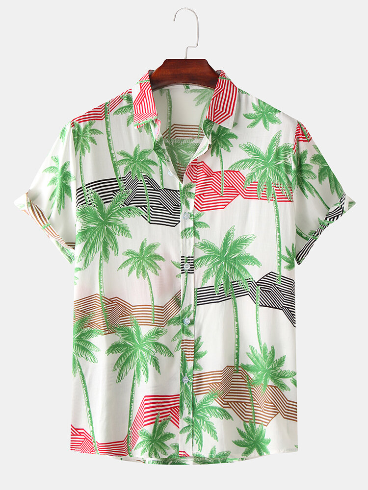 Image of Baumwolle Kokosnussbaum geometrische Streifen Kurzarm Urlaub Casual Shirts