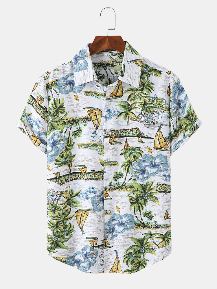 Men Landscape Boat & Tree Pattern Short Sleeve Hawaii Style Elegant Shirts