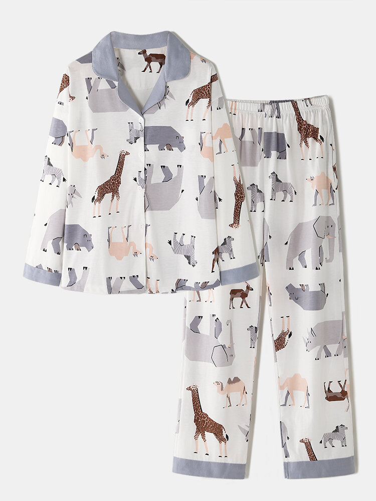 

Women Cartoon Animal Print Cotton Camp Collar Button Long Sleeve Elastic Waist Pajama Set