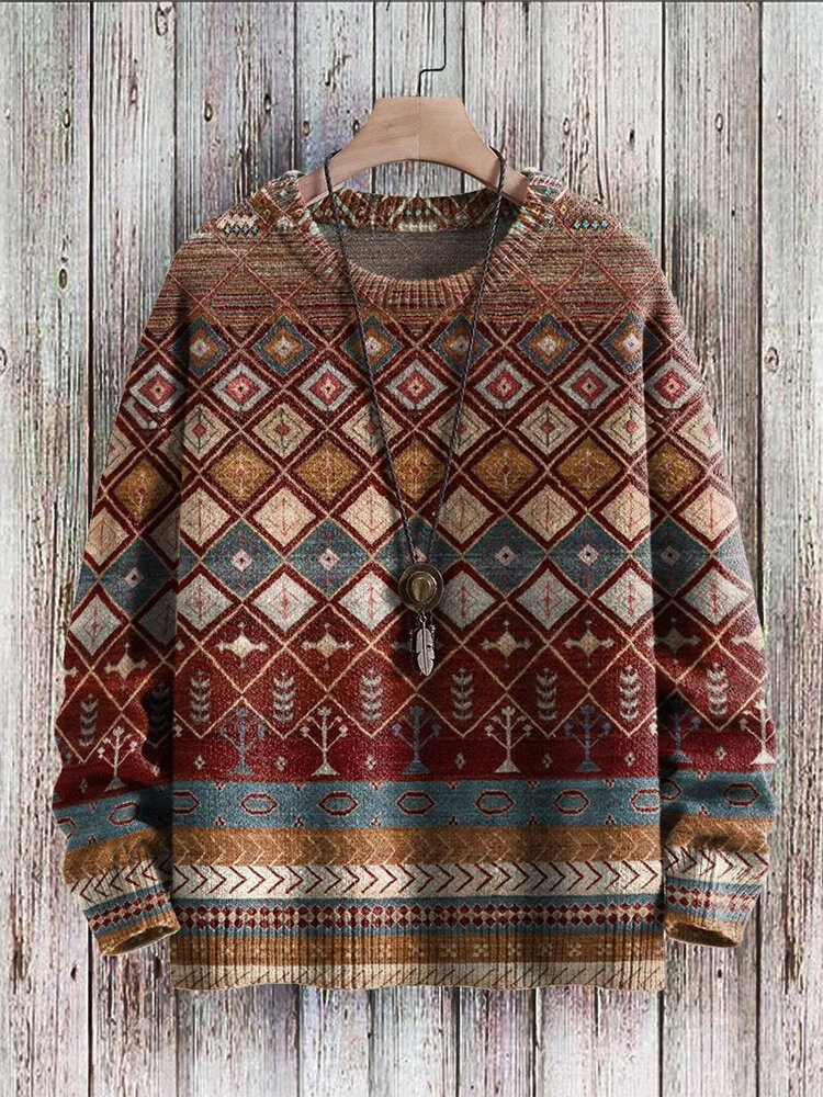 Mens Vintage Ethnic Geometric Pattern Crew Neck Pullover Sweatshirts