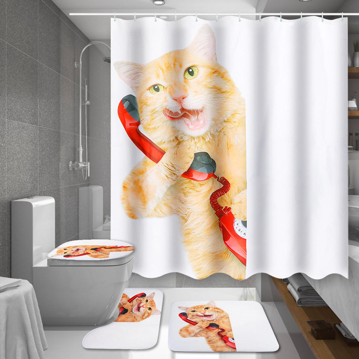 Cat Animal Waterproof Bathroom Shower Curtain Panel Decor with Hooks 180*180cm