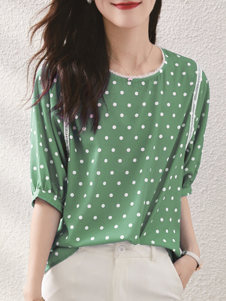 Polka Dot Lace Patchwork Round Neck Half Sleeve Casual Blouse