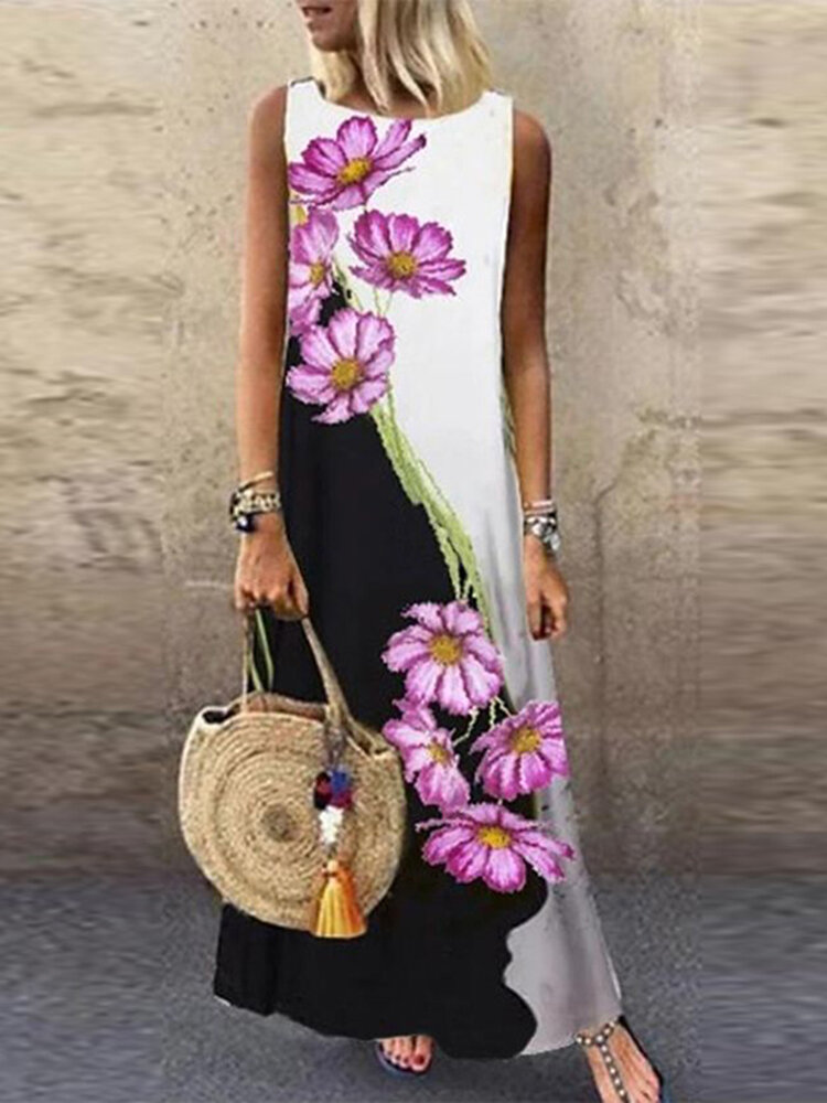 Dames Bloemenprint Contraststiksels Mouwloos Vakantie Casual Maxi-jurken