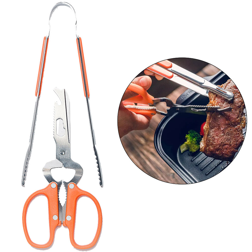 Maxsun Stainless Steel Barbecue Food Clip + Scissors Kitchen BBQ Tongs Grill Meat Cutter Peeler From 