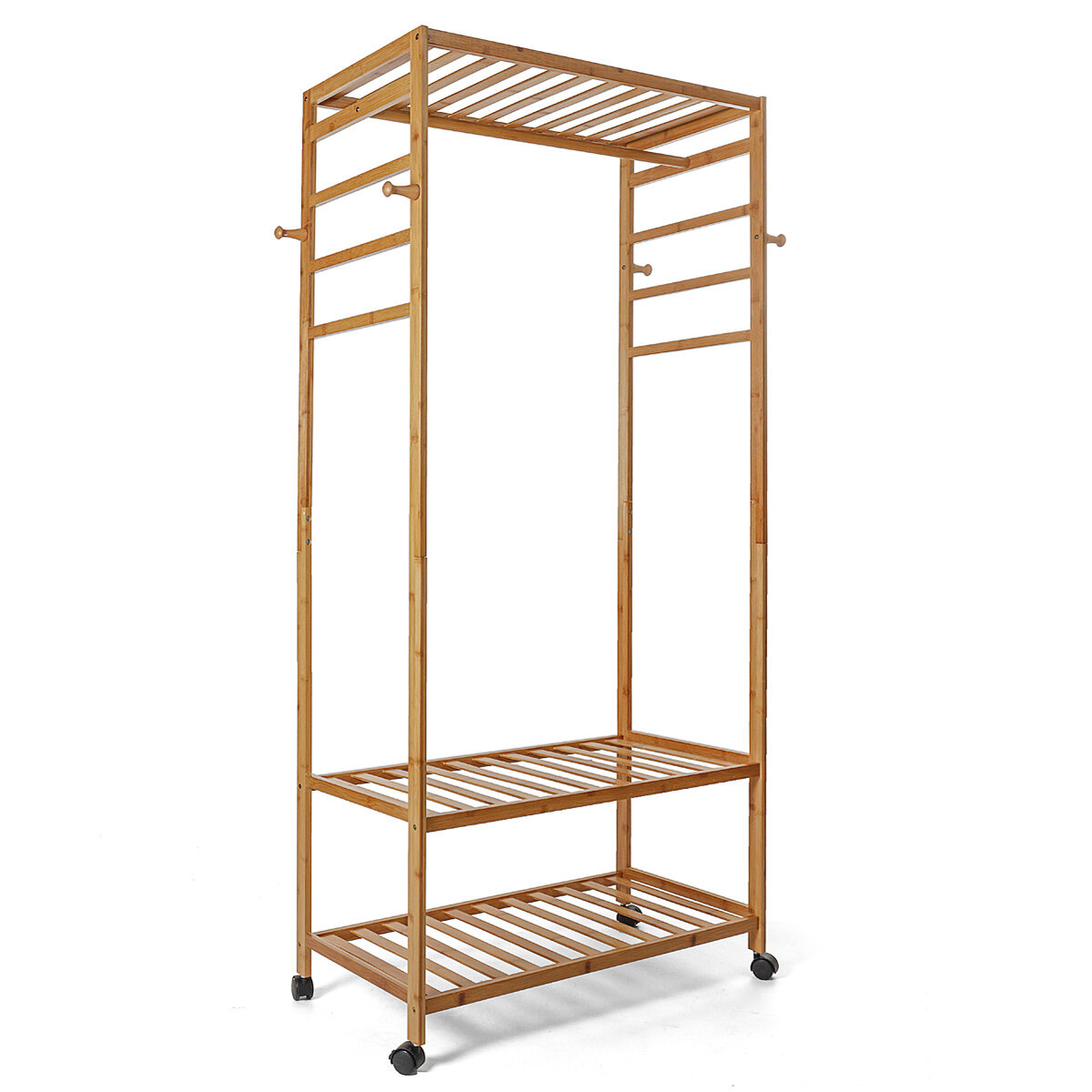 

Wooden Garment Clothes Rack Rail Hat Hanging Coat Rack Shelf Heavy Duty Rolling Stand with 2 Tiers Storage Shelves Books