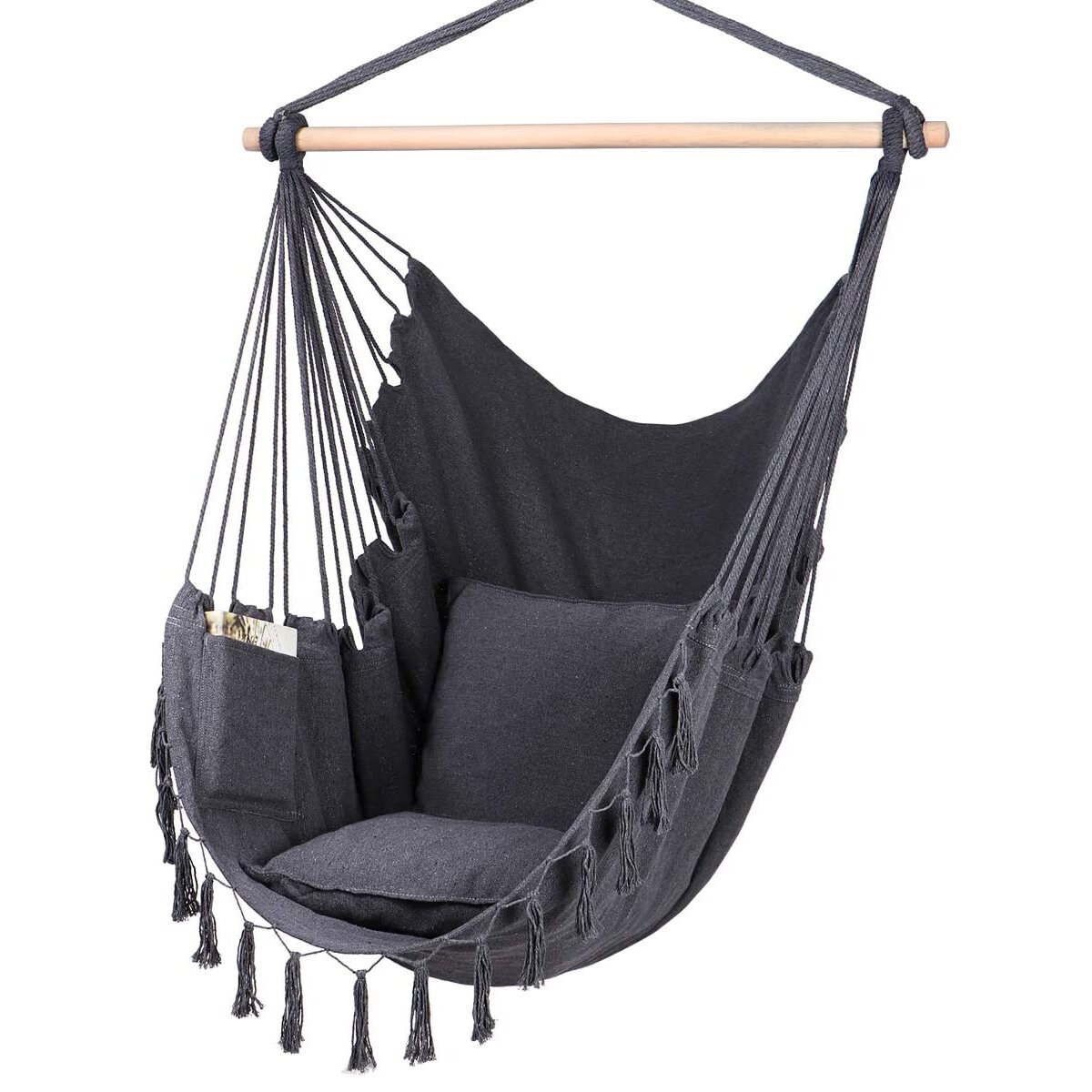 Max 330Lbs / 150KG Maca Chair Hanging Corda Swing com 2 almofadas incluídas Grande Tassel Hanging Chair com bolso