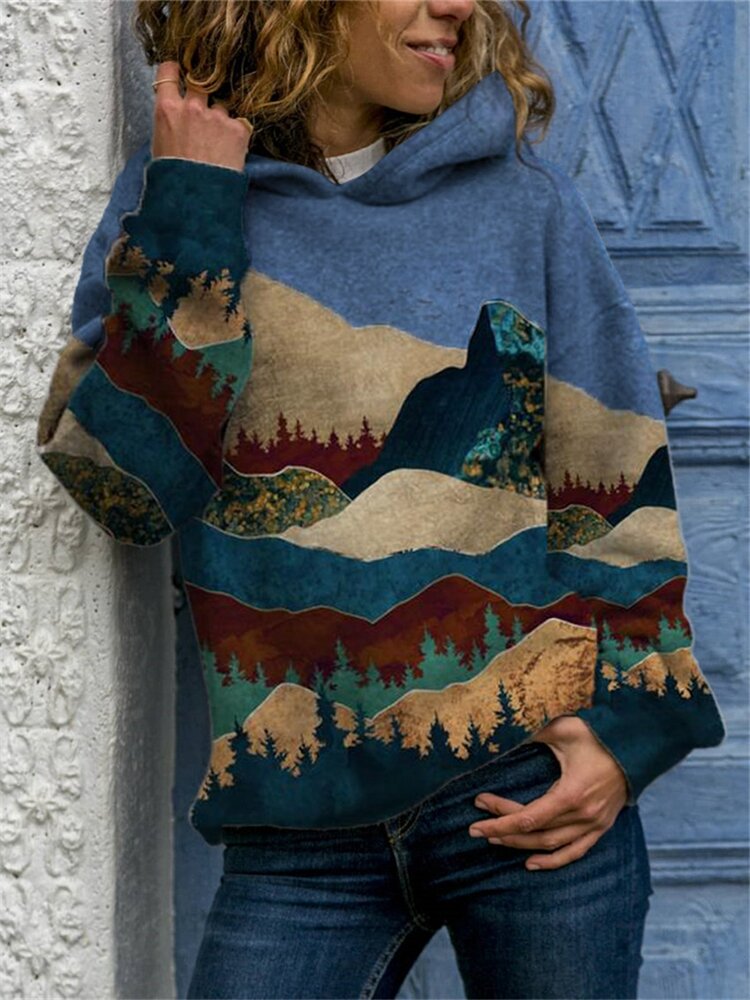 Women Landscape Print Drop Shoulder Casual Pullover Hoodies