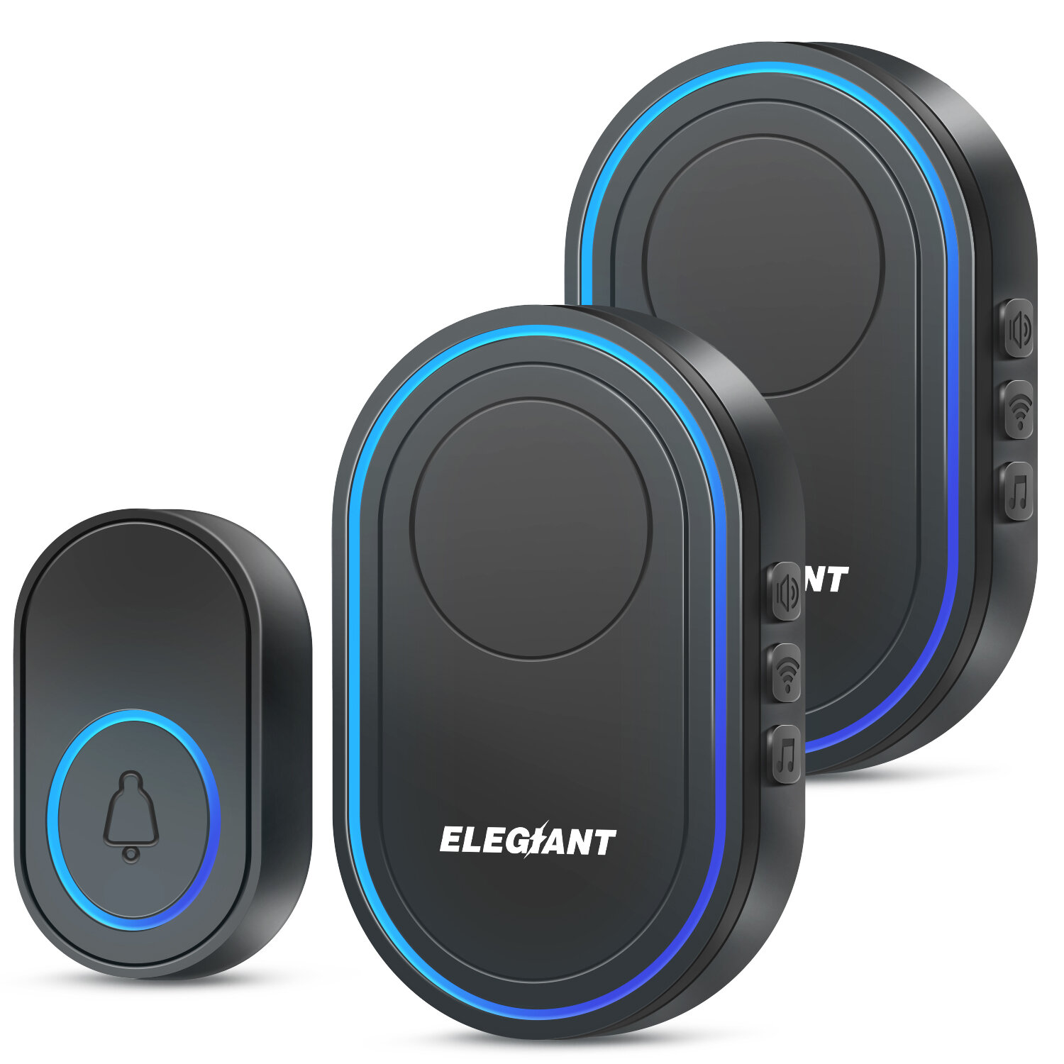 ELEGIANT Wireless Doorbell Waterproof 1Button + 2 Receivers LED Flash Doorbell Chime with 37 Chimes 7 Volume Levels for