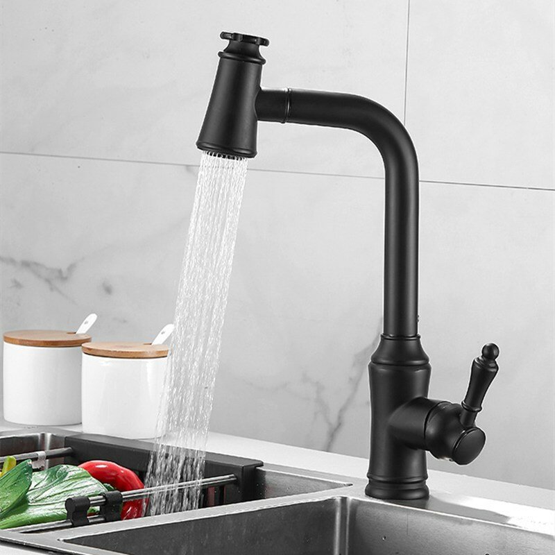 Kitchen Sink Faucet Pull-Out Sprayer Brass Hot Cold Water Mixer Tap Two Water Mode 360° Swivel With Hose