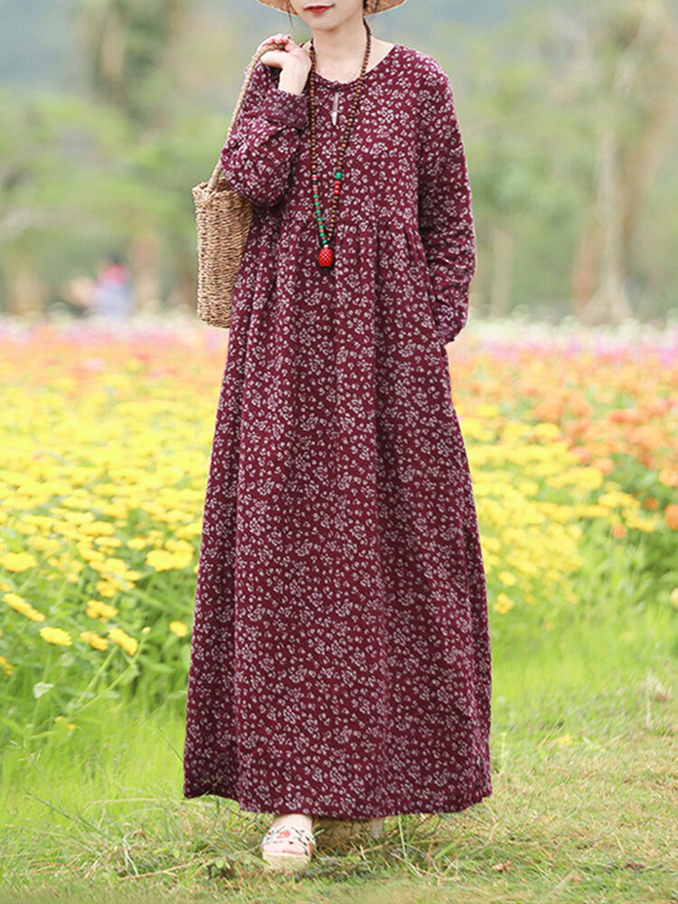 Dames bloemenprint O-hals lange mouw Boheemse vakantie maxi-jurk met zak