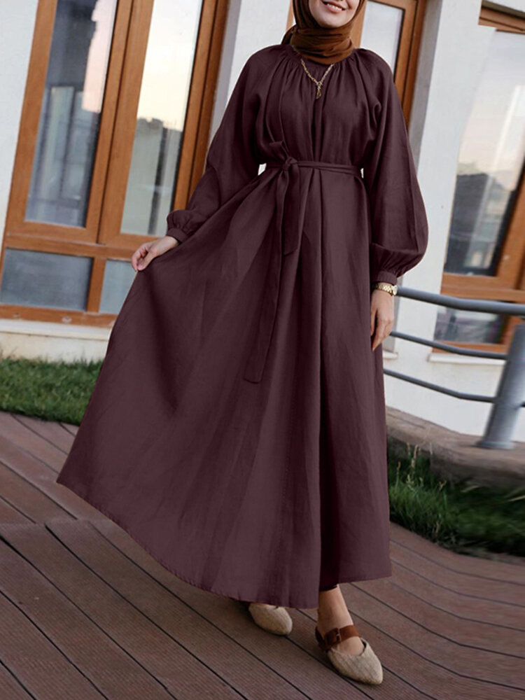 

Vintage Solid Color O-neck Lace Up Button Back Long Sleeve Belted Kaftan Maxi Dress