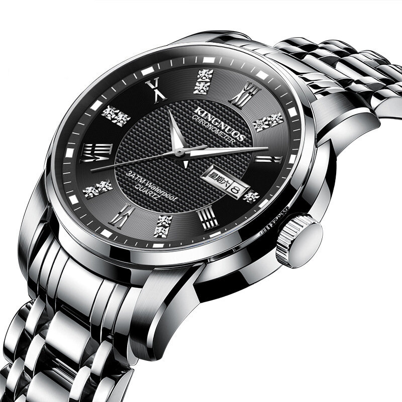 KINGNUOS K-1683 Fashion Men Watch Date Week Display Stainless Steel Strap Business Quartz Watch