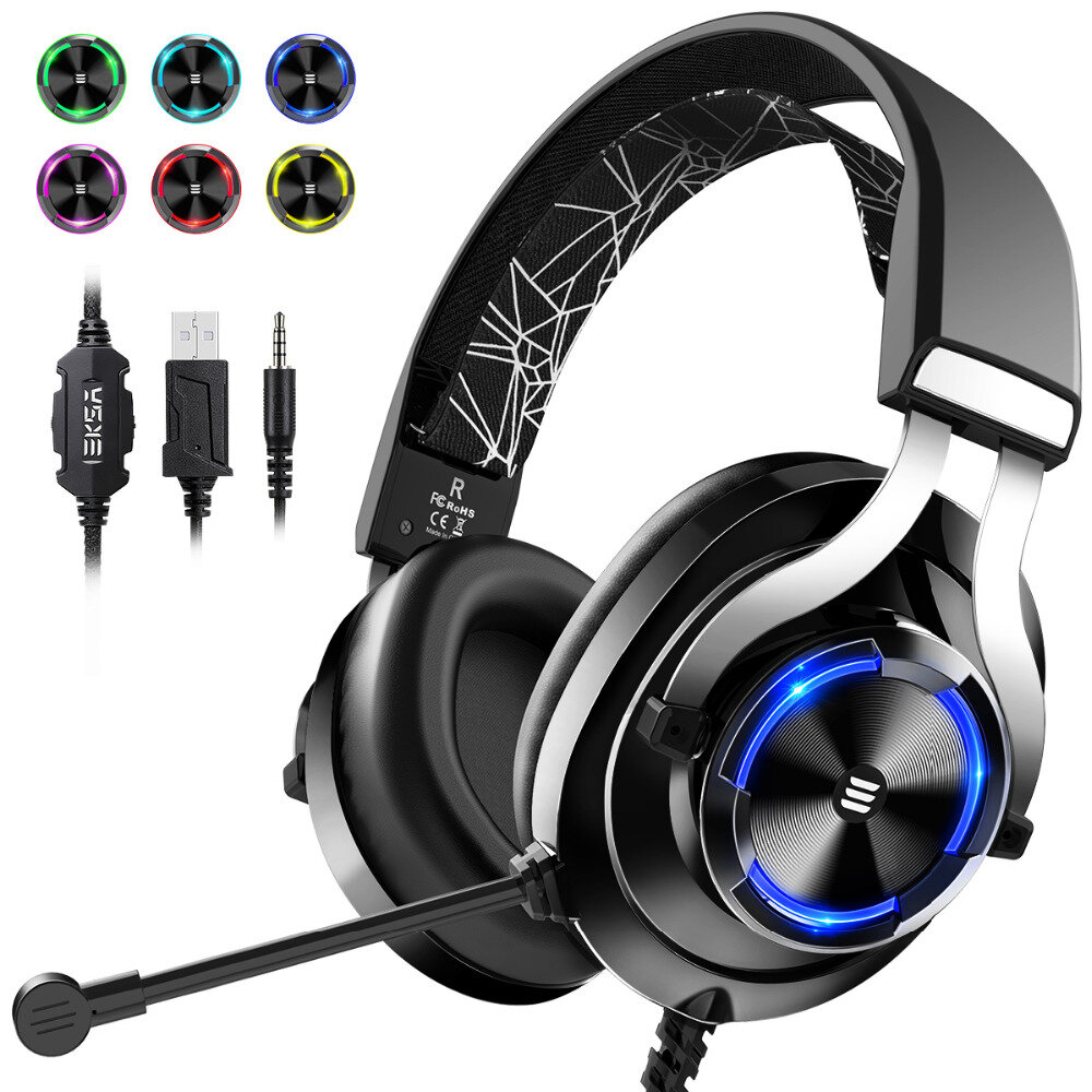 EKSA E3000 Gamer Headset Over Ear Gaming Headphone 3.5mm Double Jack With Rotate Mic RGB LED Light For PS4 PC Xbox