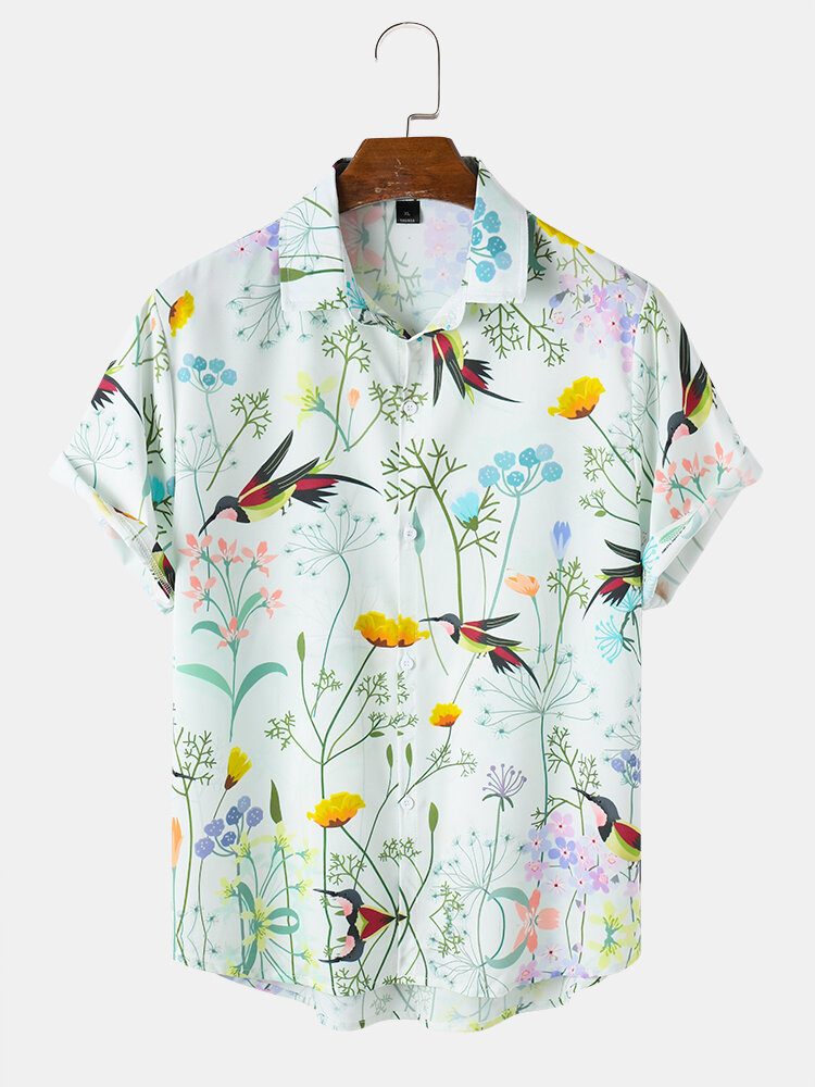 Heren vogels bloemen schilderij print vakantie casual revers shirt met korte mouwen