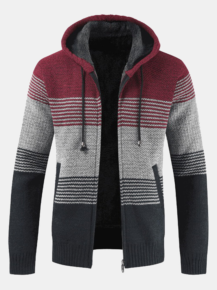 Image of Herren Thick Velvet Casual Thermal Strick Cardigans Hooded Color Matching Jacket