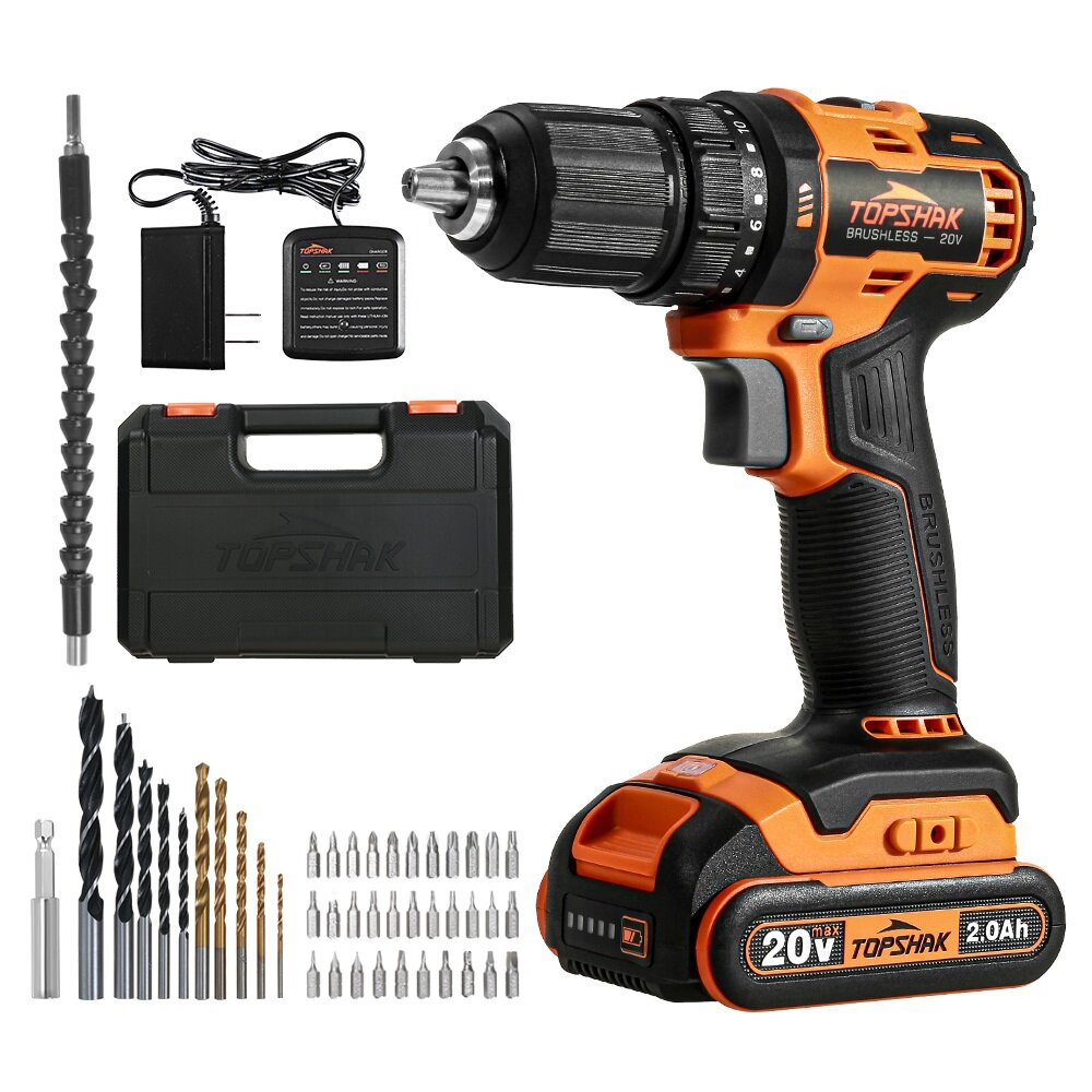 TOPSHAK TS-ED4 20V 13mm Brushless Electric Drill 45N.m Torque 0-1650RPM Variable Speed W/1pc Battery