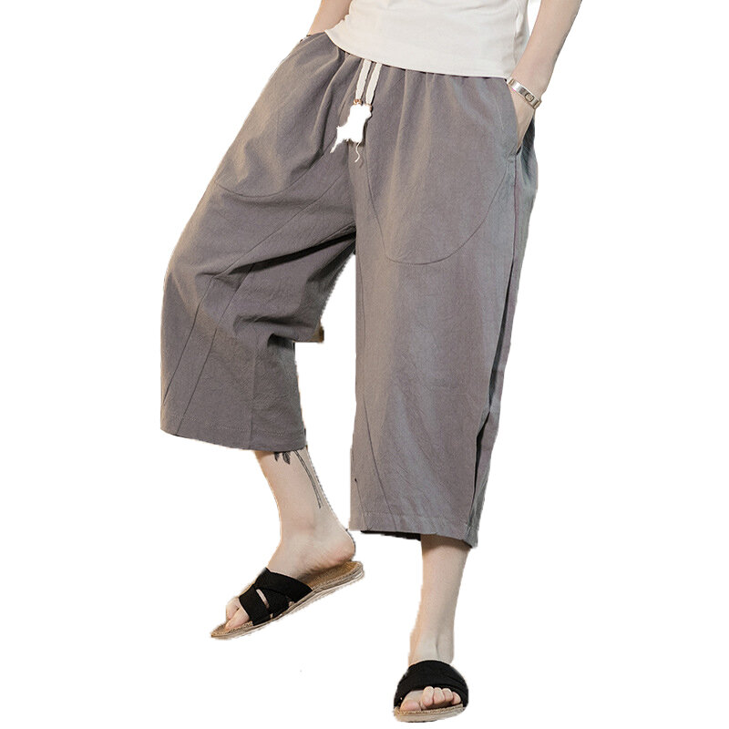 Men's chinese style cotton flax casual baggy trousers solid breathable ...